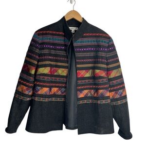 Coldwater Creek Womens Art Jacket Embellished Striped Beaded Black Denim Size 14